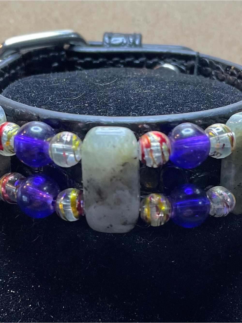 Handcrafted Nightshade Beaded Up Cycled Leather Bracelet Glass & Natural Stone